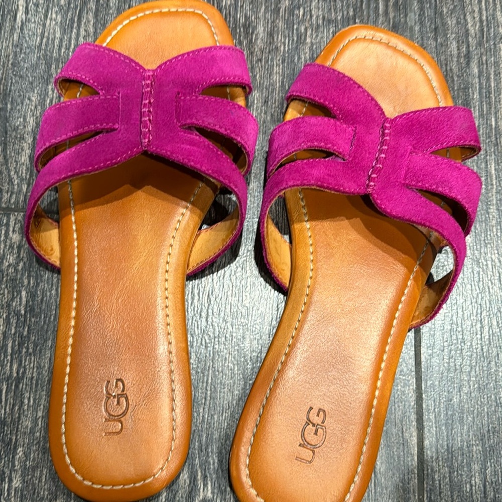 UGG Fuchsia Suede Slide Sandals with Tan Footbed